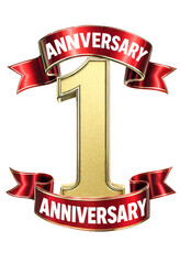 Naklejka premium Golden number one with red anniversary banners for celebration event design template