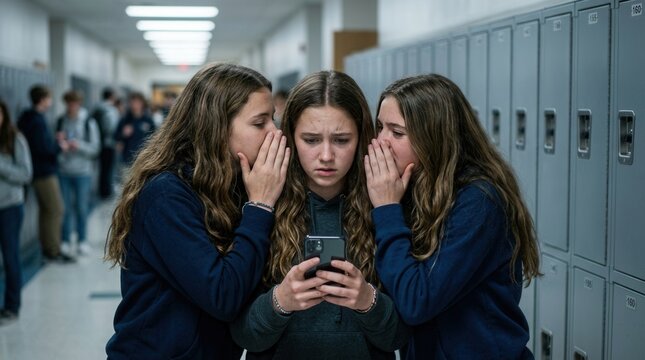 Teenage girls gossiping and whispering while looking at a smartphone in a school hallway.