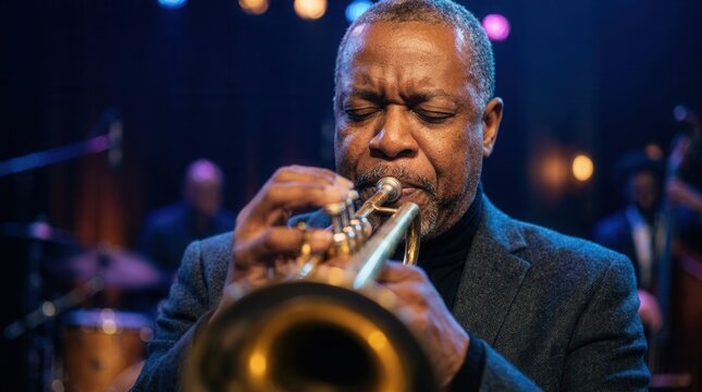 African american man trumpeter performing on stage at a live concert.