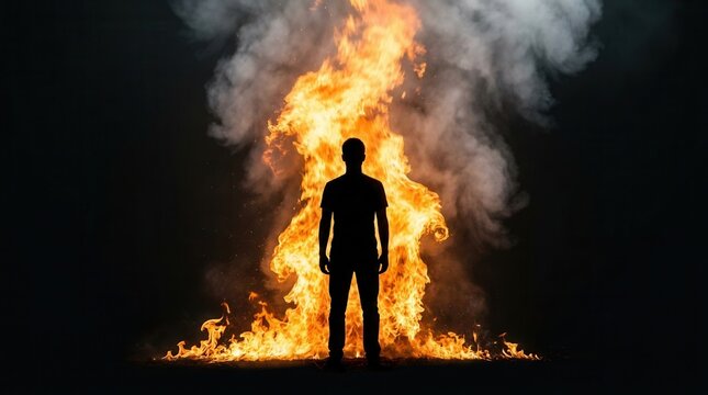 Silhouette of a man standing inside a pillar of fire in a surreal scene.