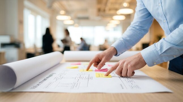 Close up of hands analyzing a value stream mapping on a long paper roll in a bright office.