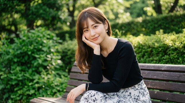 Young woman in black top resting her chin on her hand on a park bench