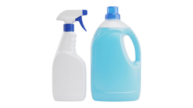 Two plastic bottles of cleaning supplies with blue liquid for household cleaning tasks.