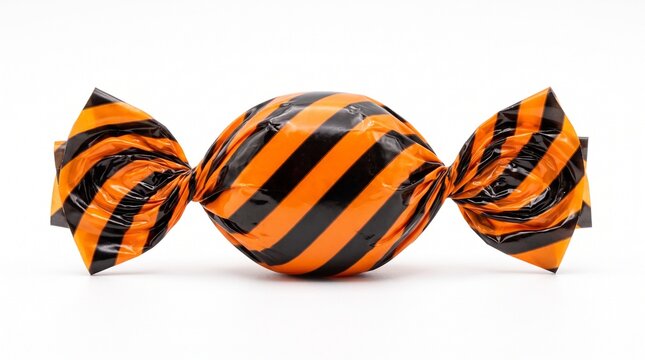 A single sweet candy wrapped in shiny paper with black and orange stripes for a fun halloween holiday party