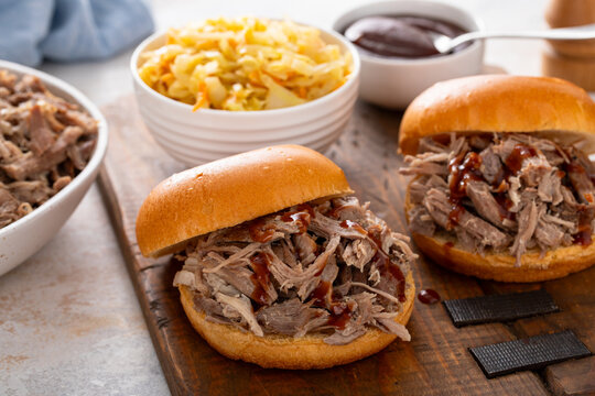 Pulled pork sandwiches with brioche buns and cabbage
