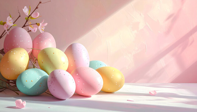 Easter eggs and spring blossoms on pink background