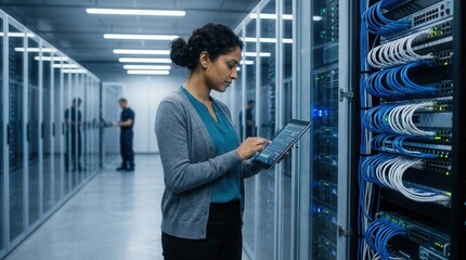 Fototapeta premium Professional Indian female IT engineer using digital tablet to monitor server racks in modern cloud data center