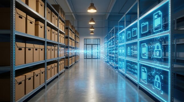 Digital interface overlaid on a warehouse archive with boxes and shelves