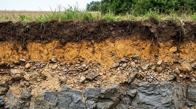 Distinct geological layers in a soil profile from topsoil to bedrock