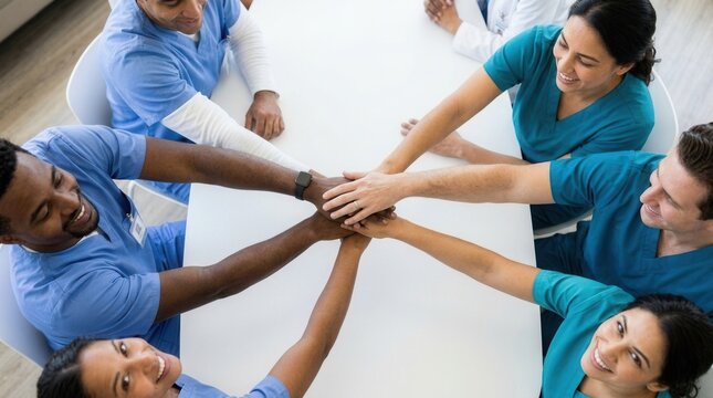 Hands of diverse healthcare colleagues stacked together over a bright white table in a clean staff room, representing teamwork unity and mutual support.