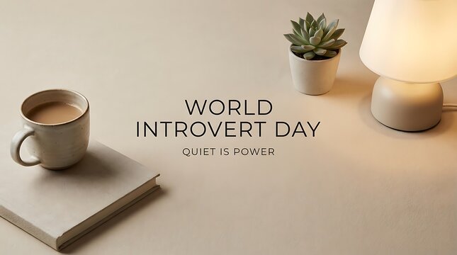 World Introvert Day concept featuring coffee mug on book potted succulent plant and cozy warm lamp