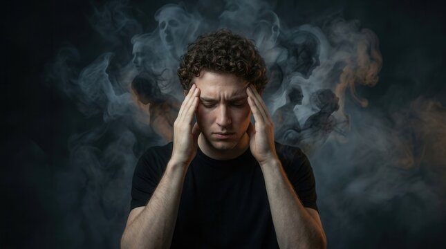 Young man suffering from schizophrenia with smoky face silhouettes representing a fragmented mind and hallucination.