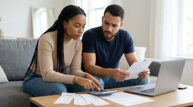 Concerned young multiethnic couple calculating home loan mortgage budget with paper documents, bills, and laptop for financial tax debt management and real estate contract review in a living room.