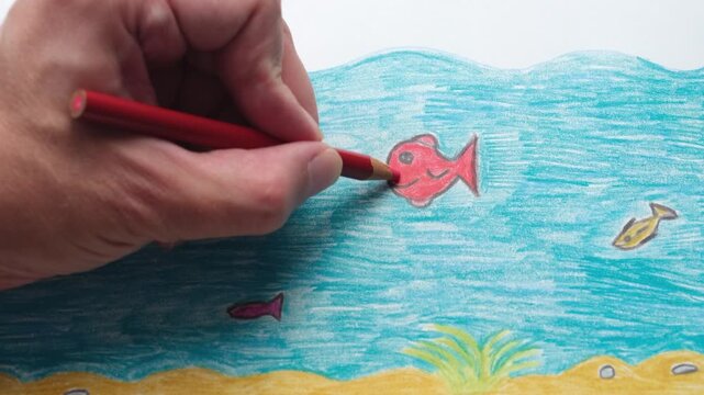 A close-up of a person practicing art therapy by coloring a simple fish drawing with a colored pencil for stress relief.