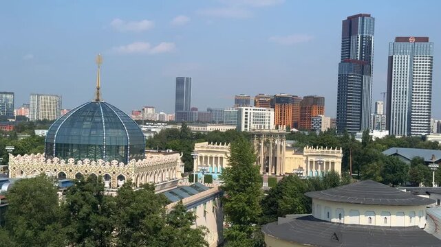 Moscow Cityscape with Exhibition Centre and Modern Skyscrapers, for Travel Videos, Moscow Tourism, Urban Landmarks, City Guides, Russia Travel Content, Aerial Views, and Urban Architecture