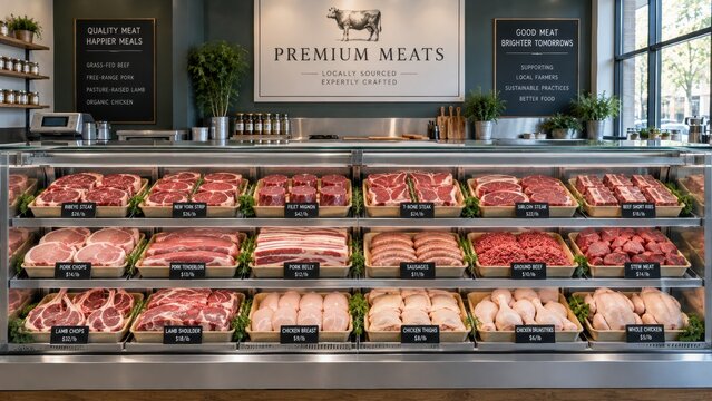 A butcher shop display case is filled with various cuts of raw meat and poultry including beef steaks pork chops and chicken arranged neatly on trays with price tags for customers to choose from.