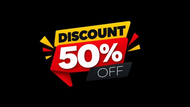 Animated 50% off discount sale promotion graphic with bold typography and colorful red, yellow and black design on a dark background. Suitable for retail sales, shopping promotions,and special offers