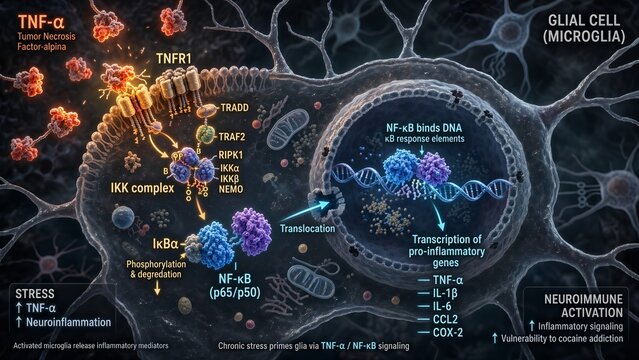 Tnf-alpha and nf-kappa b signaling pathway in a glial cell like a microglia or astrocyte involved in stress-induced vulnerability to cocaine addiction mechanisms
