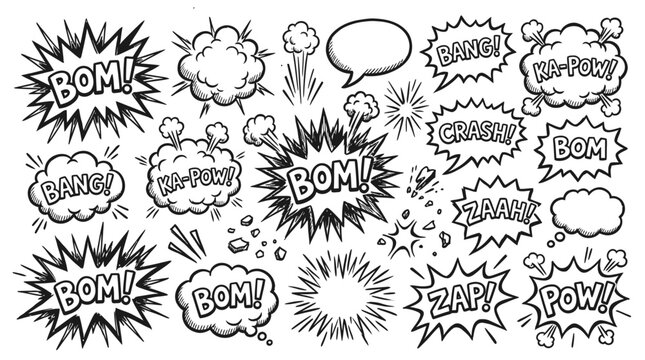 Set of hand drawn comic book sound effect speech bubbles and action explosions with text like bang and crash