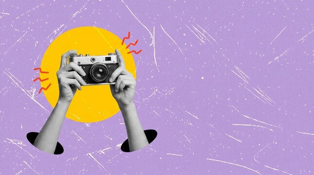 Hands Holding Vintage Camera Photography Concept Photo - vintage camera, photography concept, hands holding camera, retro camera, photographer hands, purple background, yellow circle, taking photo