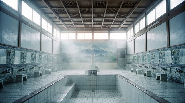 Empty Bathhouse Pool and Coffered Ceiling