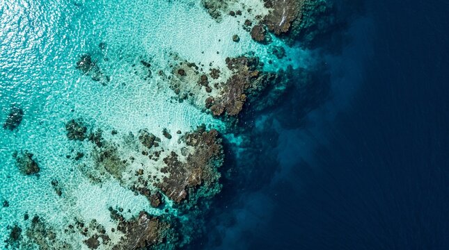 Aerial view of tropical ocean water and coral reef barrier formation from above