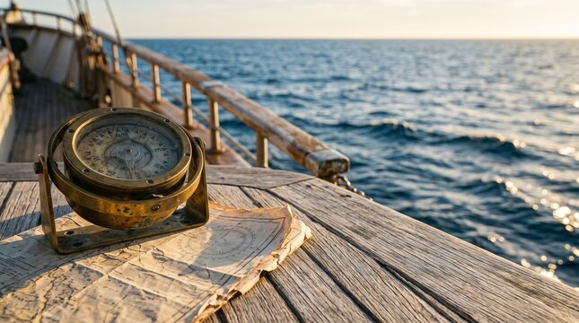 Vintage brass nautical compass on wooden sailboat deck at sea with sailing trip