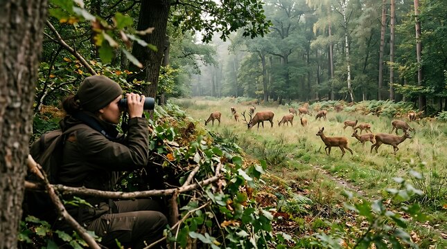 Hunter in camouflage observing deer in forest