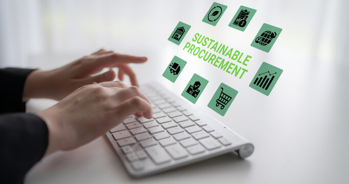 Focused hands typing on a keyboard in an office, surrounded by icons that emphasize sustainable procurement and environmental responsibility in modern business practices. Ledger