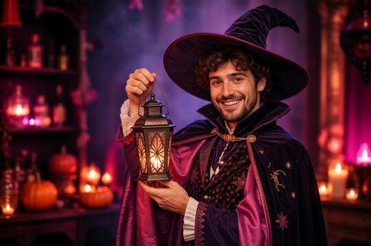 Smiling young man in a purple wizard costume holding a glowing lantern. Handsome caucasian male dressed as a magical warlock in a dark mystical room for Halloween