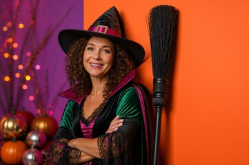 Fototapeta premium Mature woman in classic witch costume with hat and broomstick. Smiling female with crossed arms against a colorful orange and purple background with Halloween pumpkins. Festive holiday portrait