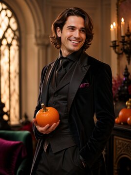 Vertical portrait of a smiling handsome man in black velvet suit holding a small pumpkin. Elegant gothic gentleman at a Halloween party