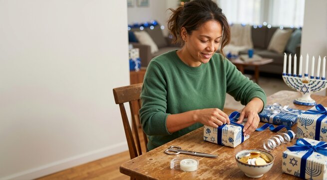 Woman wrapping Hanukkah gifts in blue and white paper. Happy female tying ribbon on a present at a wooden table with a menorah and gelt