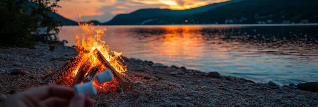 Vibrant beach bonfire lighting up the pebble shore during a colorful golden sunset evening scene.