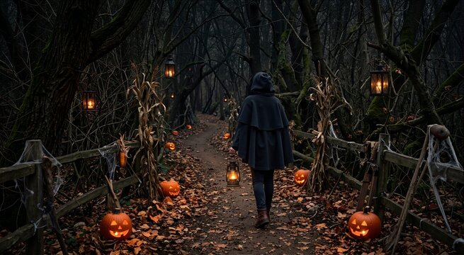 Person in a hooded cloak walking down a spooky forest path at night. Haunted woods trail decorated with glowing Halloween jack-o-lanterns and lanterns