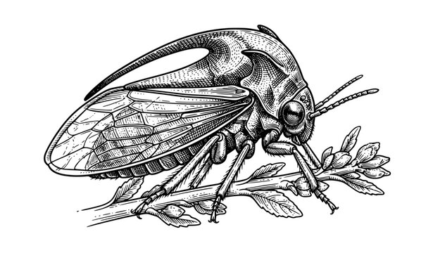 Buffalo Tree Hopper Vintage Engraving Insect Botanical Vector Illustration