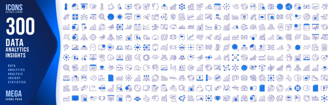 300 Data, Analytics, Insights Filled Icons Set, Editable Vector Collection