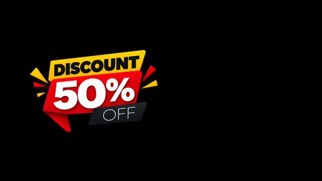 Animated 50% discount sale graphic featuring bold red, yellow and white typography on a black background, ideal for shopping promotions, retail sales, ecommerce, marketing and advertising campaigns.