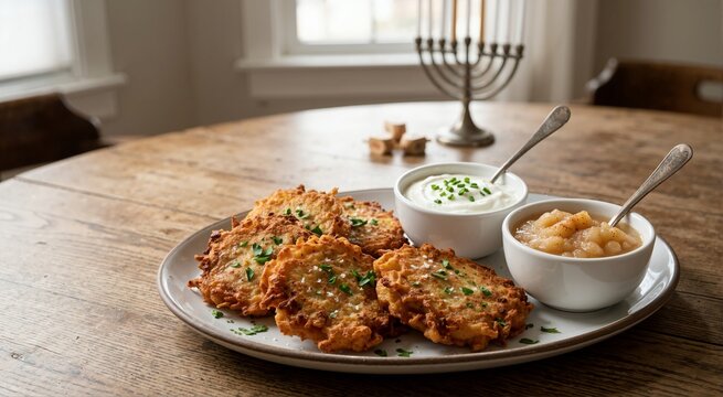 Traditional Hanukkah latkes served with sour cream and applesauce. Crispy potato pancakes on a wooden table. Jewish holiday food concept