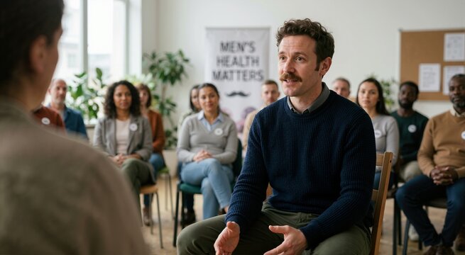 Man with mustache speaking at support group. Mental health seminar with men's health matters sign. Movember concept