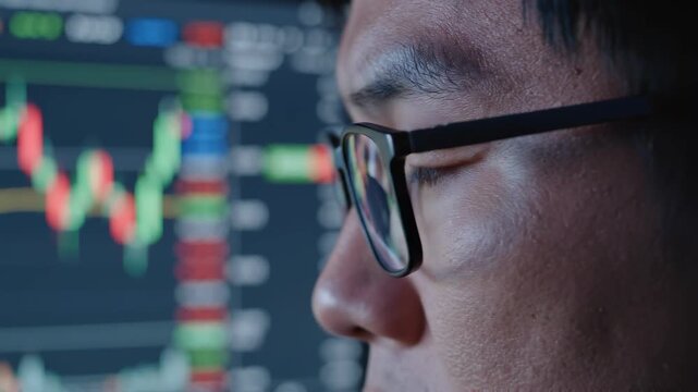 Man's face with glasses reflecting stock charts during a late night trading session with subtle motion