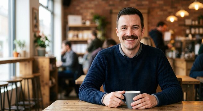 Smiling man with mustache holding coffee mug in cafe. Happy male portrait in coffee shop. Movember men's health concept