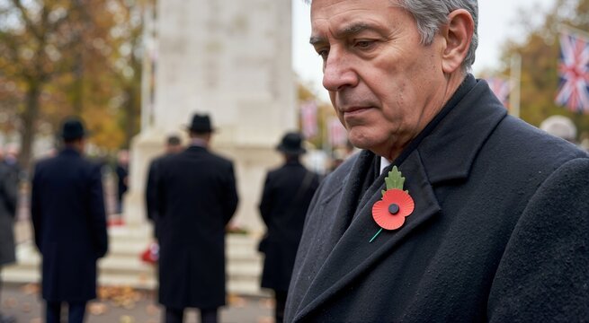 Close up of an older man with a red poppy pinned to his black coat. Remembrance Day and Veterans Day solemn reflection