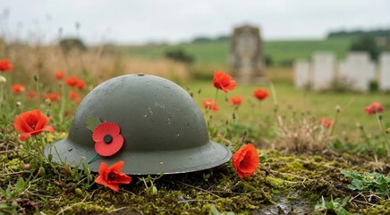 Obraz premium Soldier helmet with poppies. Veterans Day Remembrance Day theme