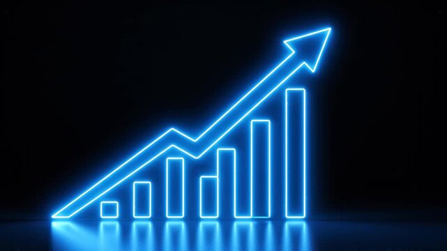 Neon blue rising bar graph with arrow upwards in dark background cinematic motion for business growth concept