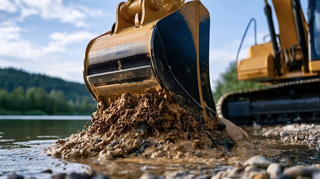 Excavator bucket scooping wet mud, gravel and rocks from a riverbed during dredging and earthmoving work, close up of heavy machinery clearing and shaping the landscape