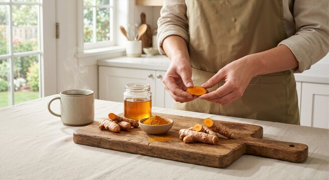 Fresh turmeric root and powder on a wooden cutting board with ginger tea. Immune system boost concept