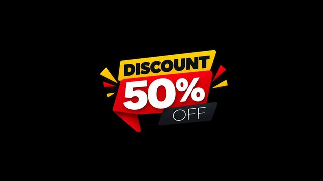 Animated 50% discount sale graphic featuring bold 3D typography, red and yellow promotional banners, and a modern black background, ideal for shopping, retail, ecommerce, marketing and advertising