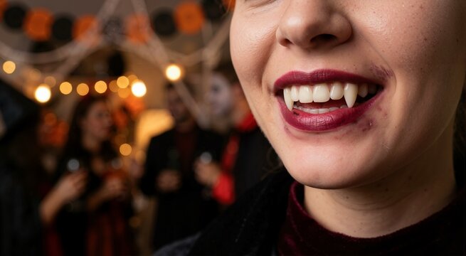 Close up of vampire fangs on a woman smiling at a Halloween party. Spooky costume makeup concept