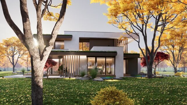 3D architectural rendering and camera movement of a contemporary cubic villa exterior during fall season. Minimalist residential architecture with large glass windows colorful foliage under bright day